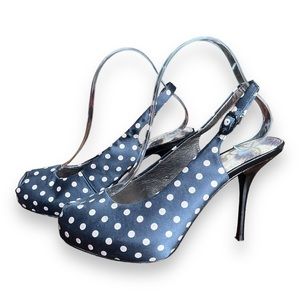 Sam Edelman Evelyn Black and Cream Polka Dot Stiletto Heels Peep Toe Platform